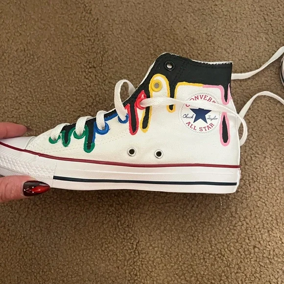 Converse White and Black Sneakers with Multicolor Drip Design - Picture 3 of 7